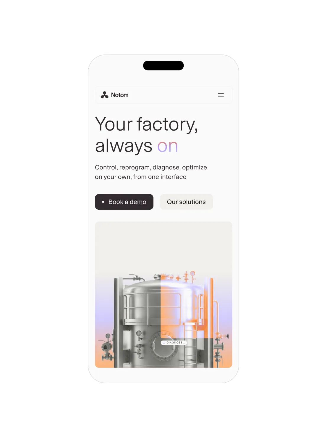 Notom website on mobile, homepage