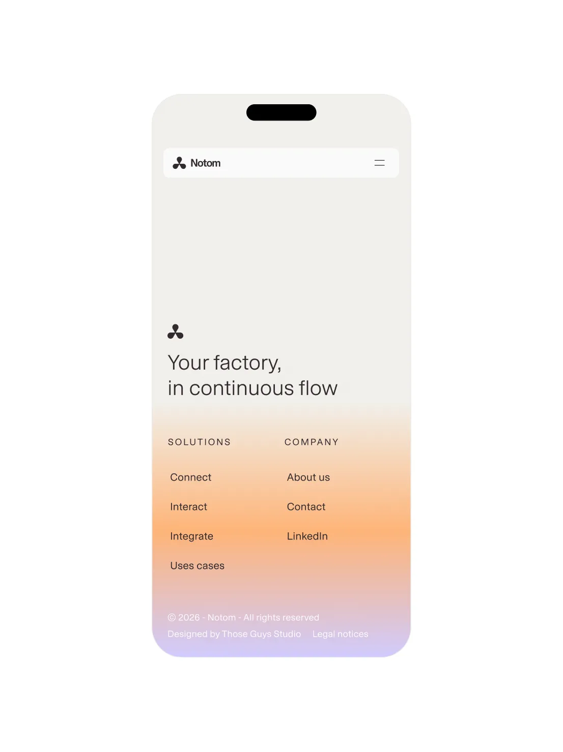 Notom website on mobile, footer