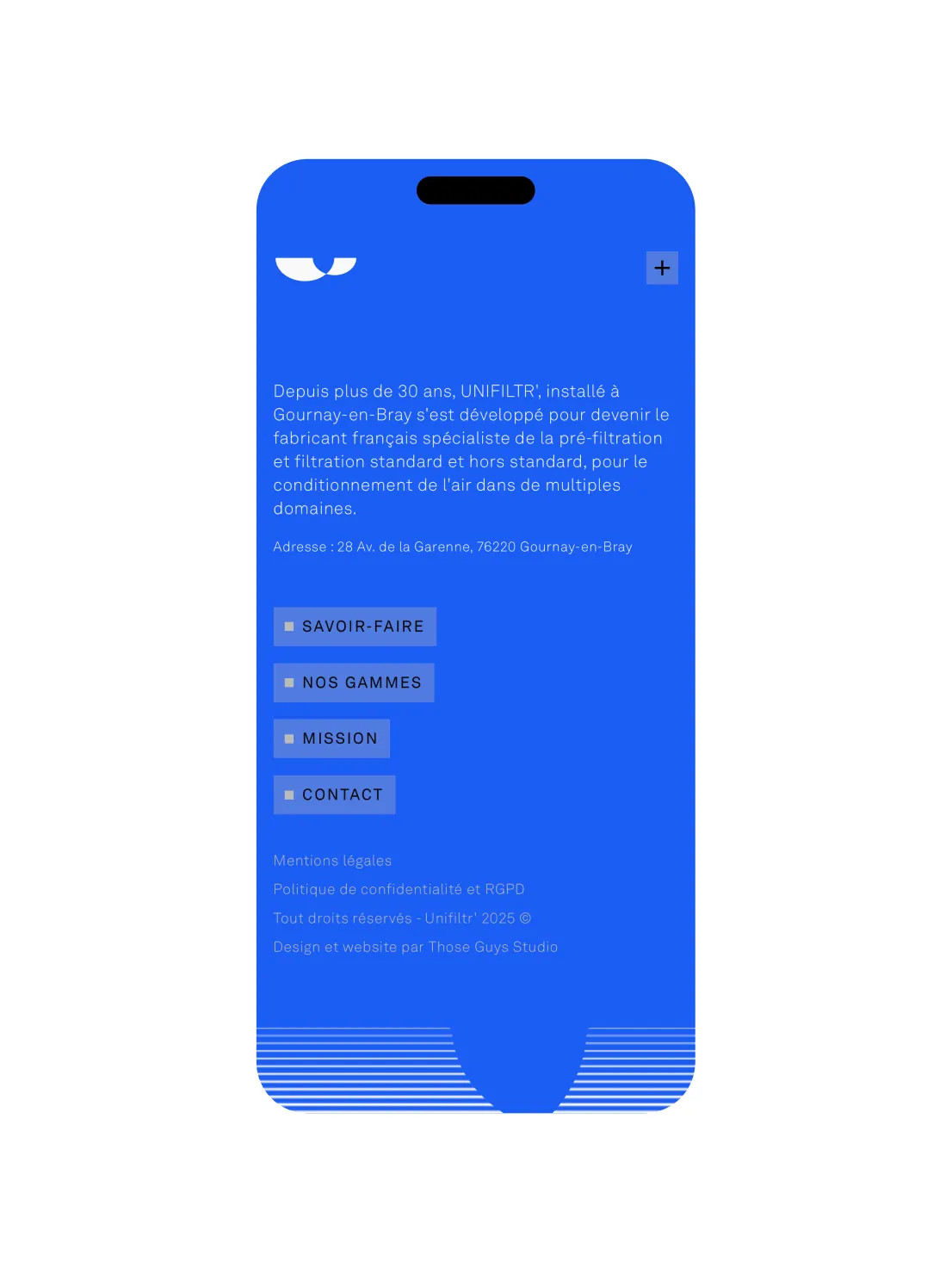 Unifiltr’ website on mobile, menu