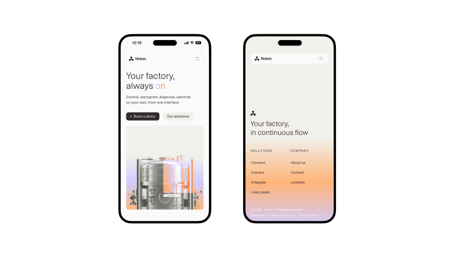 Notom website on mobile, homepage and footer