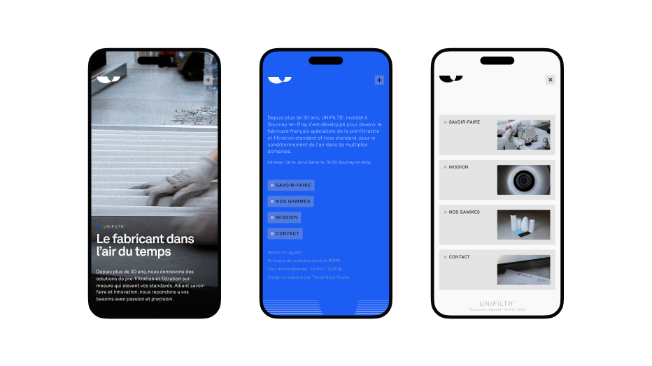Unifiltr’ website on mobile, three screens