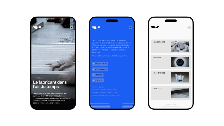 Unifiltr’ website on mobile, three screens